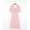 Square Neck Short Sleeve Dresses For Women Casual Elastic Waist Summer Dress Sexy V Back Tie shirred Elegant Midi Dress