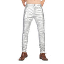 Men Skinny Faux Leather Pants Gold Velvet Lined Elastic Soft Stage Performance Party Singer