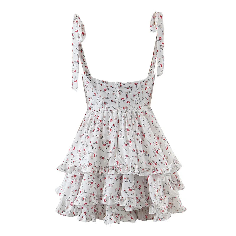 Vintage Spring Summer Chic Floral Lace Square Neck Cute Cake Cascading Ruffled Strap Mini Dress Woman