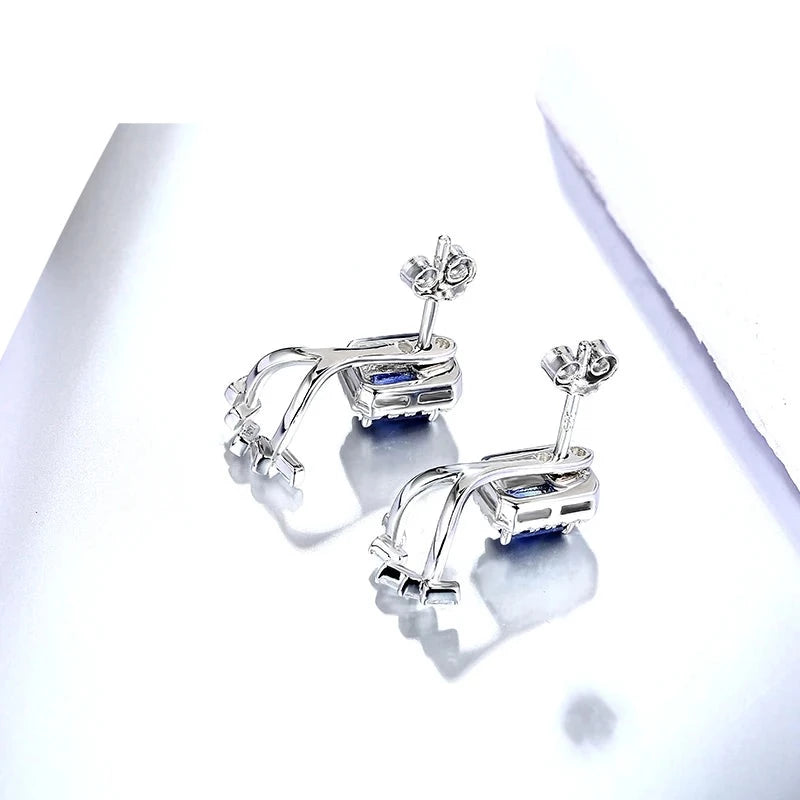 Blue Sapphire Sterling Silver Stud Earring Two Wearring Flexiable Design Octagon Created Sapphire Earring Gift for Personal