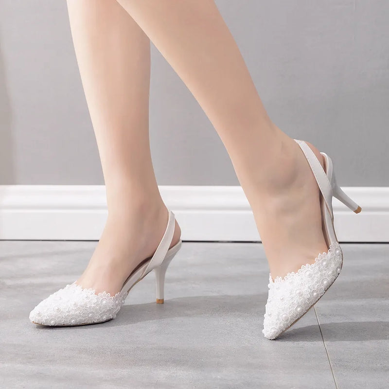 Summer Elegant Women 7CM High Heels Wedding Sandals Designer Shallow White Lace Party Shoes