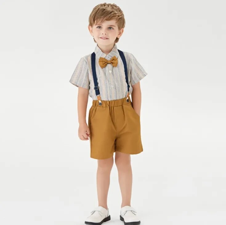 Summer Boy's Suit Bowtie Striped Brace Boys 2-piece Suit Set /Flower Boy Clothes/Boy Performance Suit