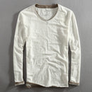 Men Long Sleeve T-shirt Cotton V-neck Solid Casual Tops Tees for Men Vintage Frayed Collar and Raw Edges Tshirt
