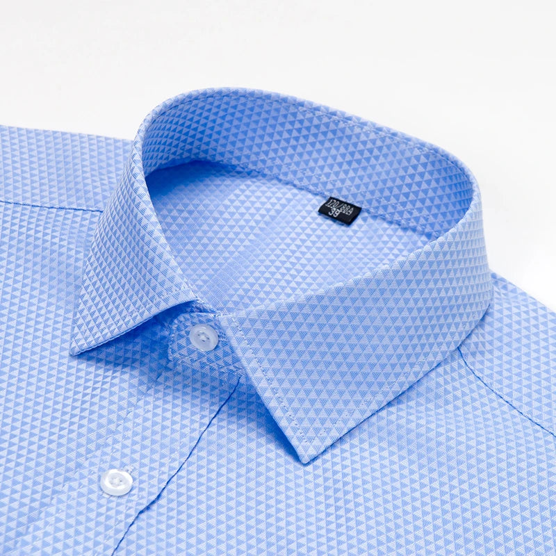 Men's Shirt Long Sleeve Blue Jacquard Plaid Man Shirts Business Formal Button Up Clothing Patch Chest Pocket