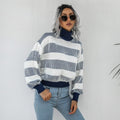 Vintage Pullover Women Striped Sweater Autumn and Winter Turtleneck Sweater Knitted Jumper Lantern Long Sleeve Casual Top