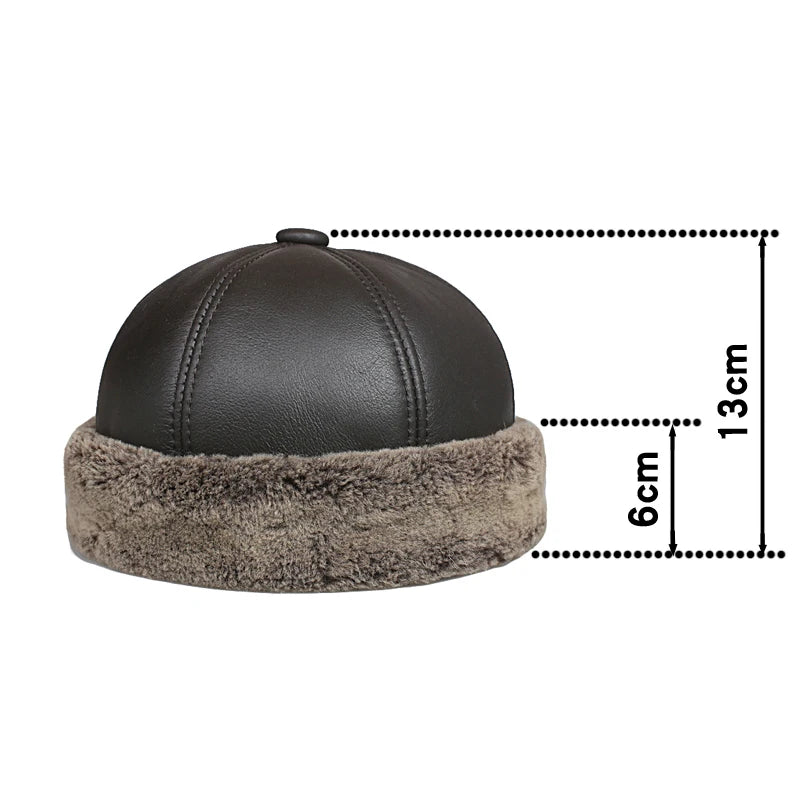 Winter Genuine Leather Melon Caps Men Thicked Warm Round Boonie Hat Bonnet