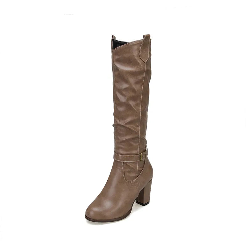 Boots Women Black Shoes Female Buckle Pleated Leather Block Heel Long Riding Boots Women