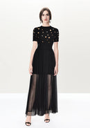 Designer Women Dress Sets Knitting Top Beaded Sweater & Midi Long Skirts Set Black Outfits Chic
