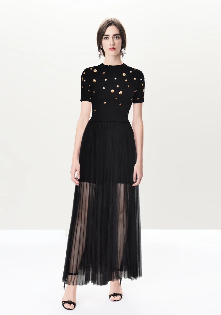 Designer Women Dress Sets Knitting Top Beaded Sweater & Midi Long Skirts Set Black Outfits Chic