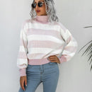 Vintage Pullover Women Striped Sweater Autumn and Winter Turtleneck Sweater Knitted Jumper Lantern Long Sleeve Casual Top