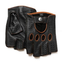 Black leather glove with brown accents on a white background, Obroi