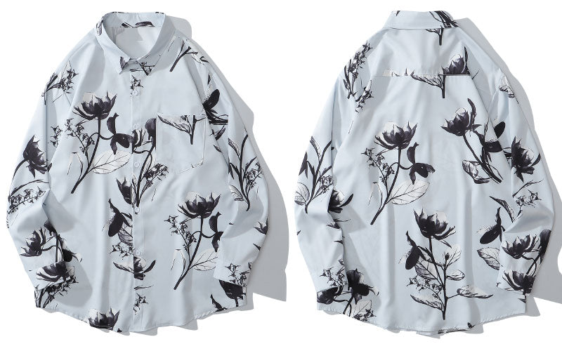 Hawaiian Beach Shirts Graffiti Flowers Long Sleeve Button Shirts Hip Hop Casual Holiday Party Blouse