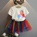 Toddler Baby Girls Summer T-shirt Rainbow Mesh Skirt Kids Outfits 2PCS Suit Adorable Infant