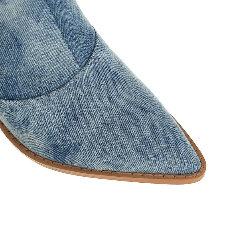 Denim Western Women Knee High Boots Wedges High Heel Cowboy Boots Slip On Autumn Winter Woman Shoes