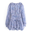 Summer Ｗomen Ruffle V Neck Long Sleeve Floral Print Boho Short Dress Ladies Vintage Fairy Robe Holiday Vestido
