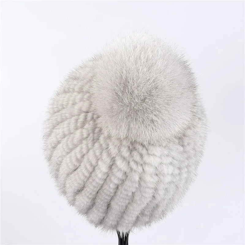 Fur hat women winter knitted beanie Girls cap with fox female cap Elastic