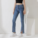 Women Streetwear Stretchy Long Denim Pants Ladies Split Hem High Waist Vintage Blue Pockets Slim Casual Jeans