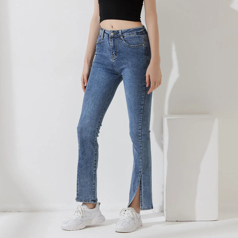 Women Streetwear Stretchy Long Denim Pants Ladies Split Hem High Waist Vintage Blue Pockets Slim Casual Jeans