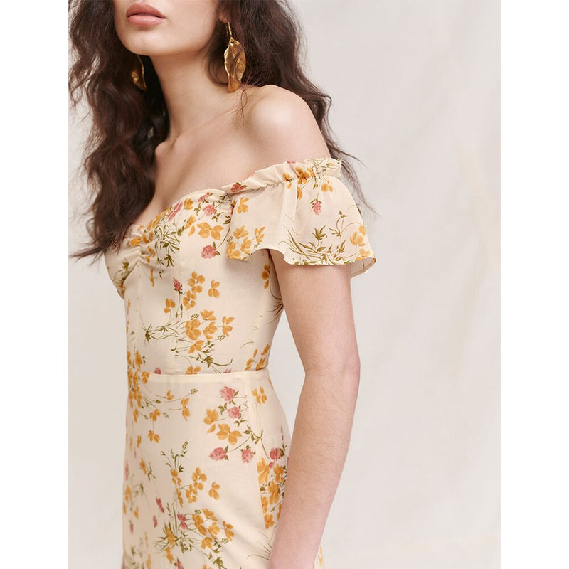 Sexy Off Shoulder Dress Summer Women Party Elegant Vintage Beach Dress Ruffle Short Sleeve Ruffle Hem Floral Chiffon Midi Dress