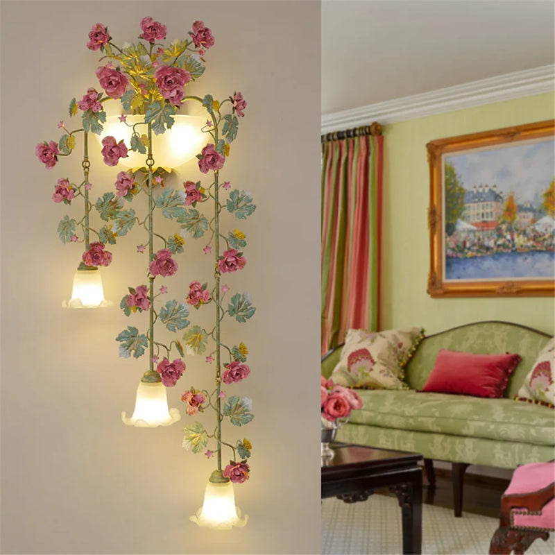 Flower Grass Wall Lights With Roses Iron Art long Wall Lamp Decorative lamp Porch lamp background Home Lighting