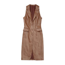 Sleeveless Jackets For Women Wrap Dress Long Skirt Vest Genuine Leather Caramel Gilet