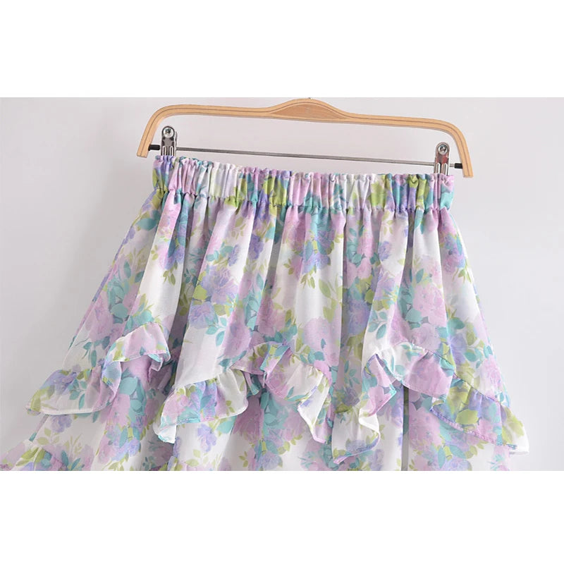 Sweet Floral Print Ruffle Skirt Women Elastic Mini Holiday Summer Boho Beach Casual