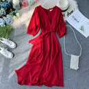 Women Casual Long Robe Summer V Neck Sexy With Belt Bandage Dresses Ladies Vintage Korean Green Dress