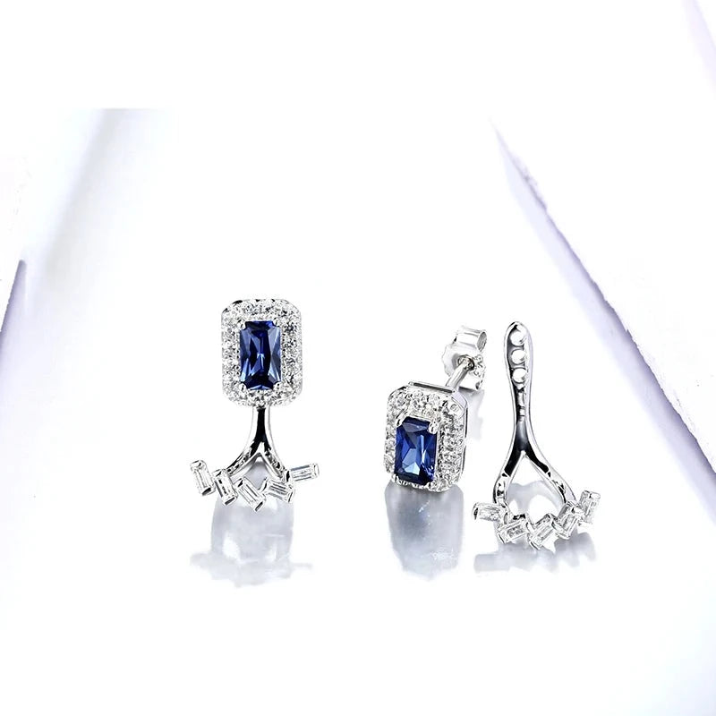 Blue Sapphire Sterling Silver Stud Earring Two Wearring Flexiable Design Octagon Created Sapphire Earring Gift for Personal