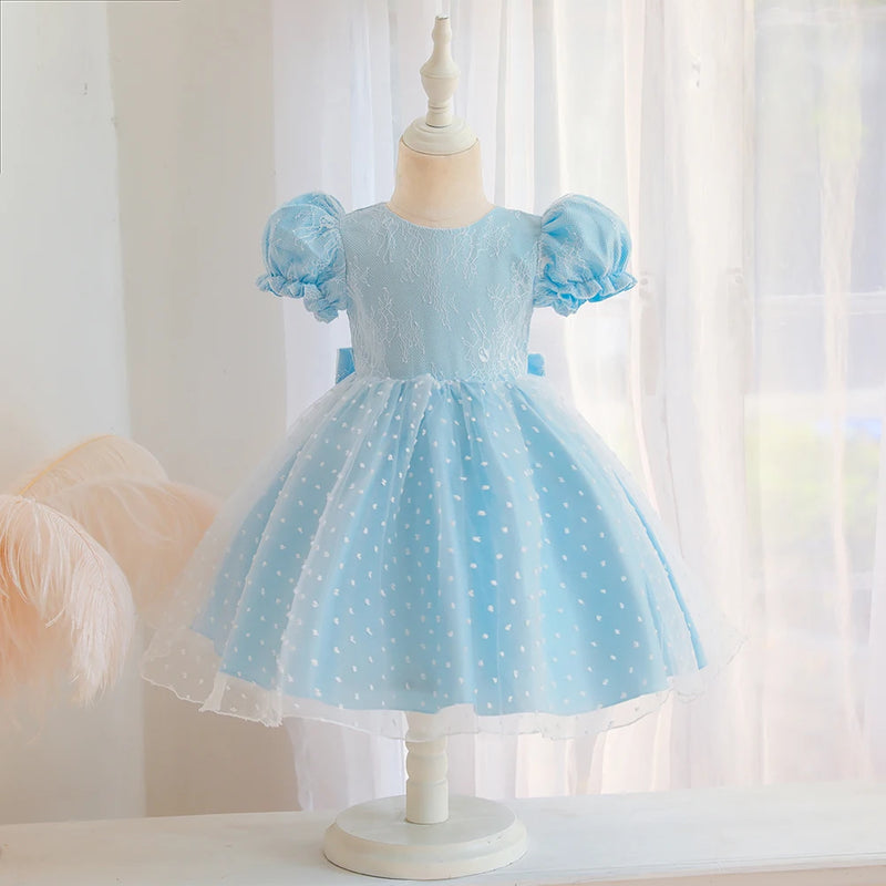 Princess Lace Dots Puff Sleeve Cute Summer Baby Girl Dress Birthday Party