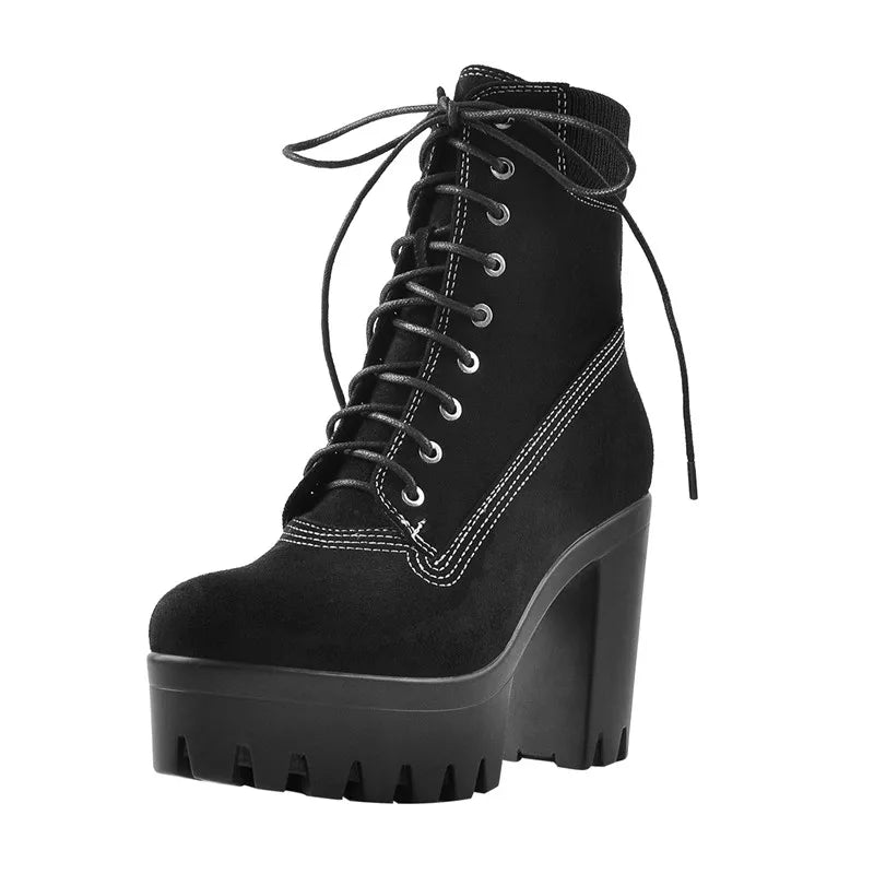 Women Round Toe Lace Up Platform Ankle Boots Short Female Boots