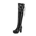 Black patent leather knee-high boot on a white background, Obroi