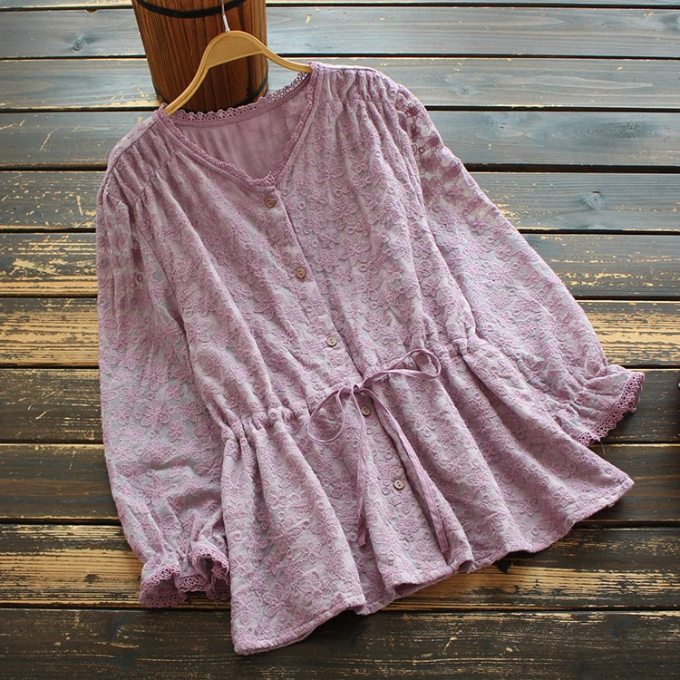 Spring Women Blouse Style Literary Solid Ruffle Sleeves Lace Shirt Women Tops
