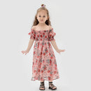 Young girl wearing a floral off-shoulder dress on a white background, Obroi