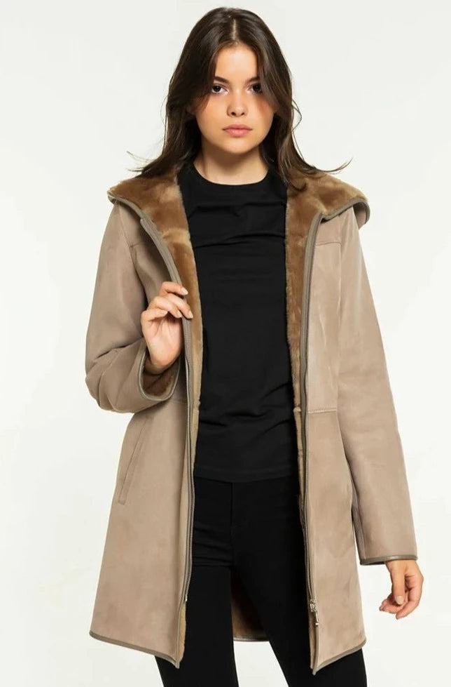 Womens Casual Shearling Coat Coat Long Fur Jacket Hooded Trench Coat