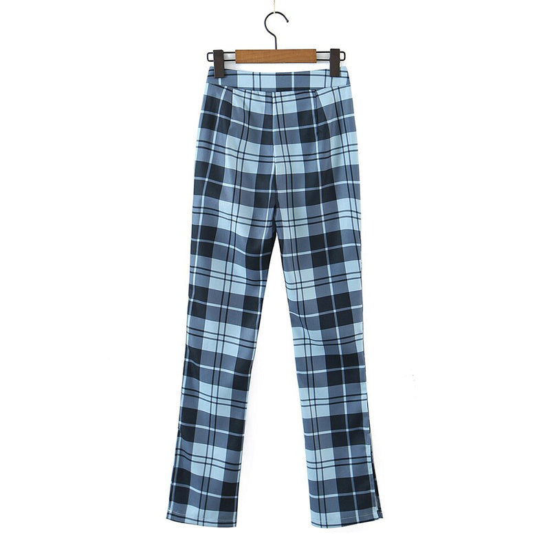 Women Trousers Women Side Zipper High Waist Pants Street Style Straight Leg Slit Hem Check Pants