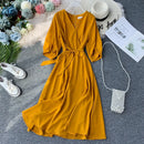 Women Casual Long Robe Summer V Neck Sexy With Belt Bandage Dresses Ladies Vintage Korean Green Dress