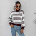 Vintage Pullover Women Striped Sweater Autumn and Winter Turtleneck Sweater Knitted Jumper Lantern Long Sleeve Casual Top