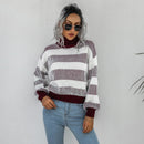 Vintage Pullover Women Striped Sweater Autumn and Winter Turtleneck Sweater Knitted Jumper Lantern Long Sleeve Casual Top