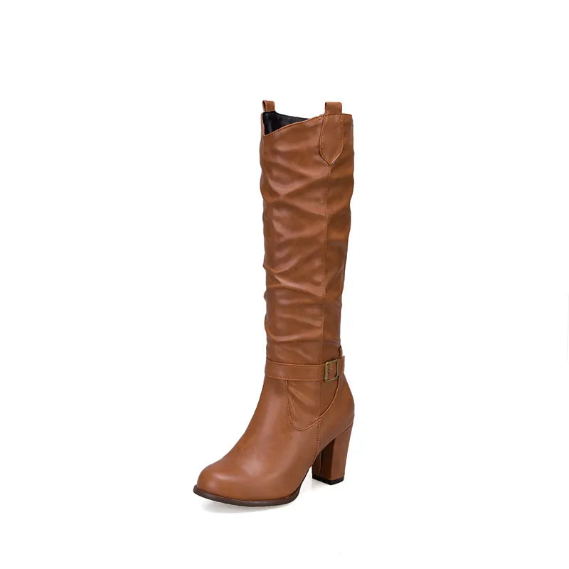 Boots Women Black Shoes Female Buckle Pleated Leather Block Heel Long Riding Boots Women