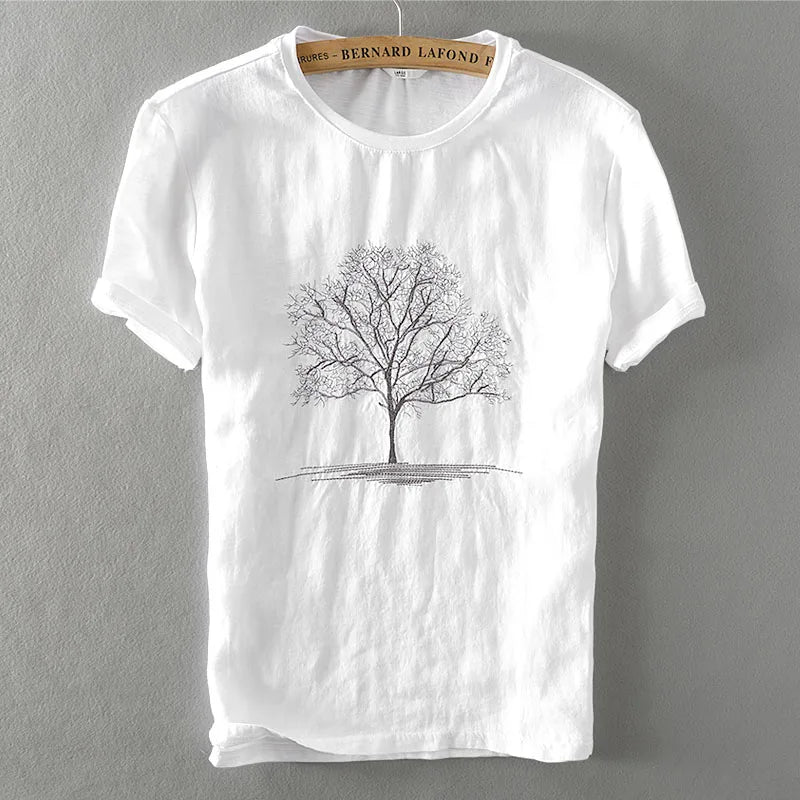 Embroidery Black T Shirts Men Linen Round Neck Embroidered Casual T-Shirt For Men Tops