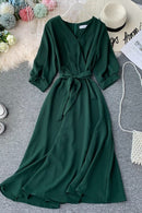 Women Casual Long Robe Summer V Neck Sexy With Belt Bandage Dresses Ladies Vintage Korean Green Dress