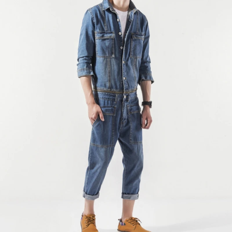 Casual Denim Overalls Men Spring Autumn Slim Jean Jacket and Pants Jumpsuit
