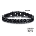 Black braided bracelet with a clasp on a white background, showing measurements and material details, Obroi