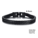 Black braided bracelet with a clasp on a white background, showing measurements and material details, Obroi