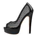 Women Black Platform Peep Toe Mesh Spike Slip On Pumps Thin High Heels Party Dress Pumps