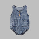 Baby Summer Clothing Unisex Infant Sleeveless Denim Romper Baby Girls Boys Round Collar Pocket Jumpsuit Clothing