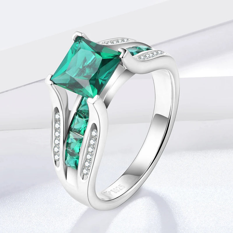 Sterling Silver Emerald Cut Emerald Created Gemstone Simple Ring For Women Fine Jewellery