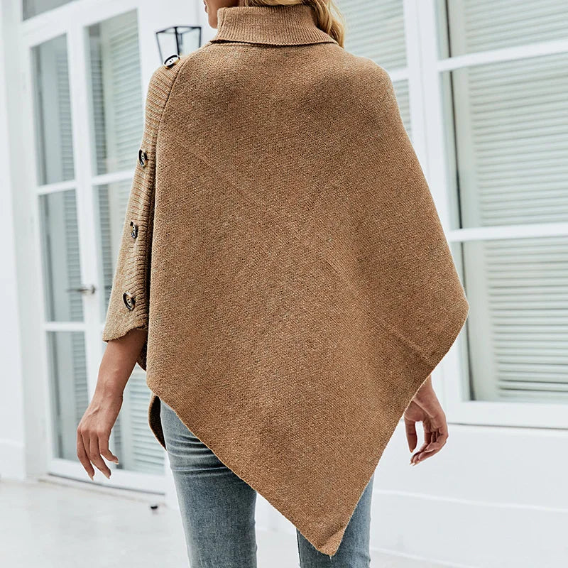 Autumn Winter Shawl Cloak Sweater Solid Turtleneck Oversized Cape Coat Female Ponchos Pullover Knitted Bat Sleeve Top