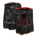 Black leather gloves with red accents on a white background, Obroi