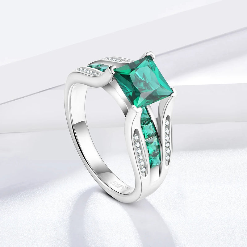 Sterling Silver Emerald Cut Emerald Created Gemstone Simple Ring For Women Fine Jewellery